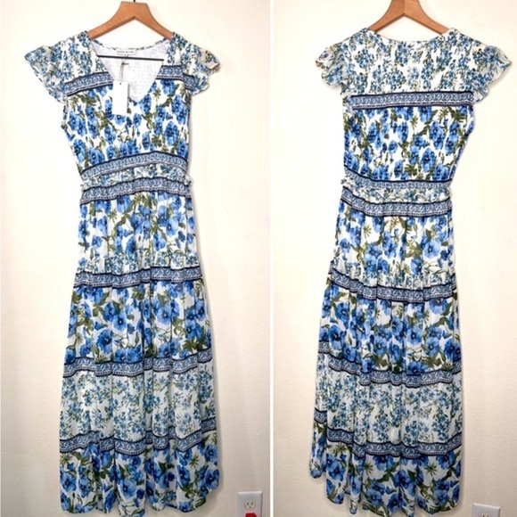 Moon River Floral Smocked Maxi Dress, Blue Multi, size XS NWT - Picture 3 of 6